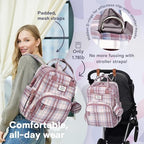 RUVALINO Diaper Bag Backpack, Multifunction Travel Pack Maternity Baby Changing Bags, Large Capacity, Waterproof, Pink Plaid - Image 5