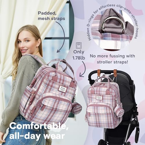 RUVALINO Diaper Bag Backpack, Multifunction Travel Pack Maternity Baby Changing Bags, Large Capacity, Waterproof, Pink Plaid - Image 5