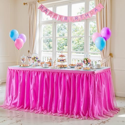 Hot Pink Tulle Table Skirt 14FT Desk Skirt for Classroom Dorm Teacher Desk Back to School Desk Curtain Skirt Ruffle Tutu Shimmer Table Skirting for Birthday Baby Shower Party Cake Dessert Table Decor - Image 3