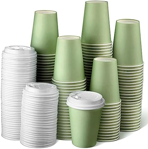 Funtery 100 Pcs Sage Green Disposable Coffee Cups with Lids 12 oz Sage Green Paper Cups for Baby Shower Bridal Shower Wedding Party Supplies Disposable Coffee Cup for Hot Cold Beverage Tea by Funtery
