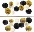 NICROLANDEE Black Gold Party Decorations - 12PCS Black Gold White Tissue Paper Pom Poms and 12PCS Metallic Foil Paper Lanterns for Wedding, Birthday, Graduation Décor, Prom, Festival Decorations by nicrolandee