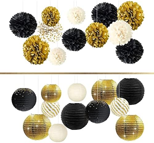 NICROLANDEE Black Gold Party Decorations - 12PCS Black Gold White Tissue Paper Pom Poms and 12PCS Metallic Foil Paper Lanterns for Wedding, Birthday, Graduation Décor, Prom, Festival Decorations by nicrolandee