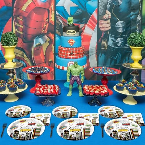 200pcs Super Party Plates Napkins Forks Hero Theme Party Tableware Set Hero Action Sign Party Disposable Paper Dessert Cake Dinnerware Boy Girl Happy Birthday Party Baby Shower Decor Supplies Serve 50 - Image 5