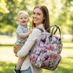 Diaper Bag Backpack for Dad and Mom with USB Charging Port Stroller Straps and Insulated Pocket,army military Travel Nappy Backpack for Daddy/Mommy (Grey Pink Flower Pattern) - Image 5