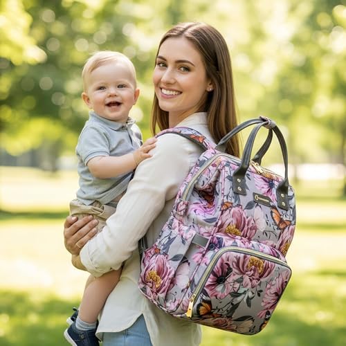 Diaper Bag Backpack for Dad and Mom with USB Charging Port Stroller Straps and Insulated Pocket,army military Travel Nappy Backpack for Daddy/Mommy (Grey Pink Flower Pattern) - Image 5