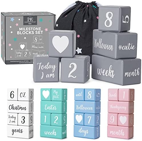 Gray Monthly Milestone Blocks with Bag. Baby Age Blocks for Girl or Boy Baby Photo Props. Month Baby Milestone Blocks with Grammatically Correct Month and Year by ParkwayHome