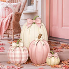 Yalikop Set of 4 Fall Pink Pumpkin Front Porch Decoration with Cute Bow - Image 4