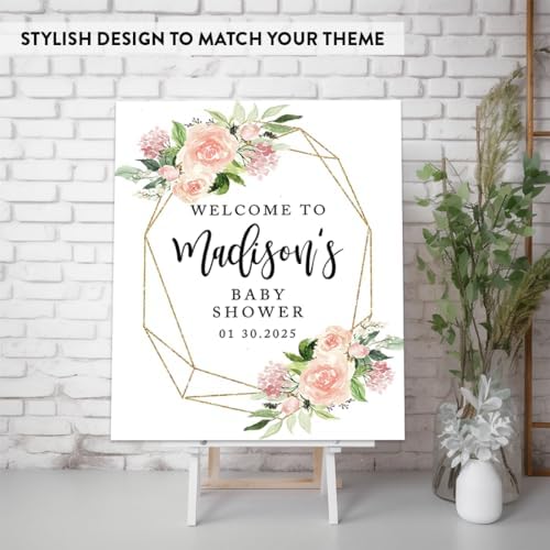 Andaz Press Personalized Large Canvas Baby Shower Welcome Sign, 16 x 20 Inches, Geometric Peachy Pink Floral Wreath, Guestbook Alternative, Custom Baby Shower Sign, Floral Baby Shower, Baby Sprinkle - Image 3