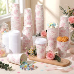 Funnymoom 100 Pieces Pink Floral Disposable Coffee Cups with 120 Lids 12 oz Pink Herb Beverage Paper Tea Cups for Spring Wedding Baby Bridal Shower Tea Party Baby Shower - Image 6