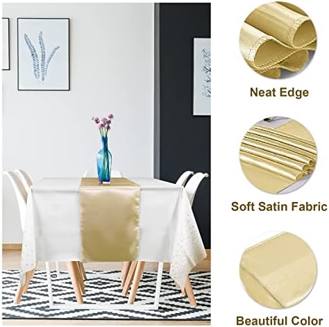 16Pack Disposable Plastic Tablecloths and Satin Table Runner Set White and Gold Dot Tablecloth Gold Satin Table Runner for Wedding Birthday Baby Shower Anniversary Christmas New Year Party Decorations - Image 3