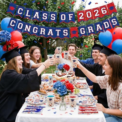 400 Pcs 2026 Red White Blue Graduation Decoration for 50, Red Blue Floral Graduation Paper Plates Napkins Cups Cutlery Flower Grad Tableware for Class of 2026 Congrats Grad Party Supply - Image 5