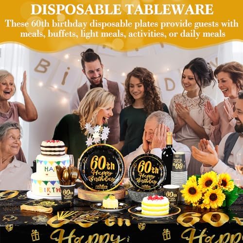 Funnymoom 452 Pcs 60th Birthday Party Decoration Supplies Black and Gold 60th Birthday Paper Plates and Napkins Cups Tablecloth Cutlery Straws Disposable Tableware for Cheers to 60 Years Anniversary - Image 5