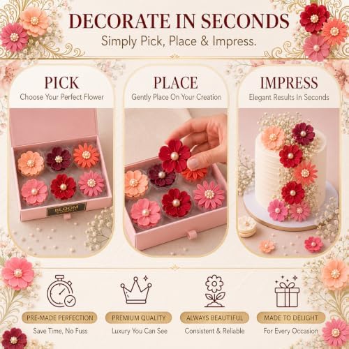 CONFECT Handmade Edible Gum Paste Flower Decorations – Vintage Blossom Collection – 60 Piece Assorted Sugar Flower Set with Pearl Centers, Hand Cut Cake Flowers for Cakes, Cupcakes & Desserts - Image 4