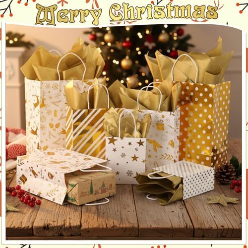 Humyoun 24 Pack Christmas Paper Gift Bags Bulk Assorted Sizes, White,Gold - Image 4