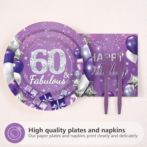 96Pcs Purple and Silver 60th Birthday Party Decorations for Women Serves 24 - Image 2