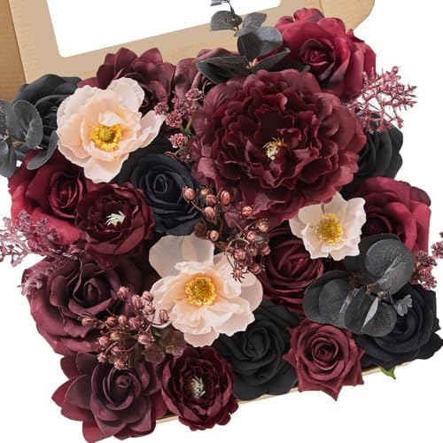 Serwalin Burgundy Black Artificial Flowers, Silk Rose Flowers for Wedding by Serwalin