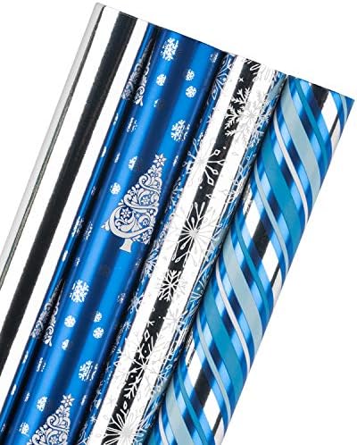 WRAPAHOLIC 30 Inch Christmas Wrapping Paper Roll - Jumbo Roll Blue and Silver Snowflake and Stripe Set with Metallic Foil Shine - 4 Rolls - 30 Inch x 120 Inch Per Roll by WRAPAHOLIC