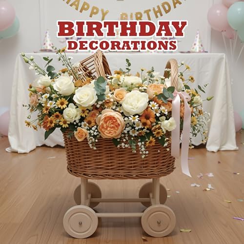 Woven Rattan Stroller Shaped Flower Basket, Vintage Wicker Baby Carriage Planter for Floral Arrangements, Baby Shower Wedding Party Decor, Photography Props, Floral Rustic Home Decor (Large Style B) - Image 6