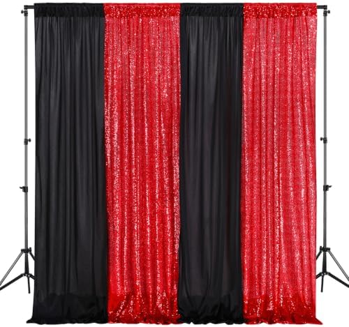 Birthday Backdrop Curtain 10ftx10ft - Red Sequin and Black Satin Drapes by SoarDream
