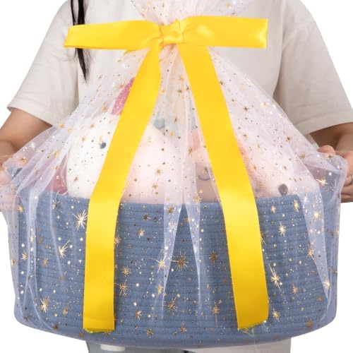 OIAHOMY Large Gift Basket Empty 17" x 12.6" x 7", Storage Basket with Gift Bag, Ribbon and Glitter Tulle for DIY Anytime, Toy Storage for Kids, Dogs with Handles in A Stylish Design - Navy Blue by MasterofSpaceOptimization