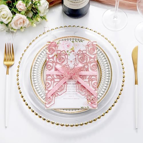 50Pcs Pink Butterfly Wedding Invitations with Envelopes and Rsvp Cards - Image 5