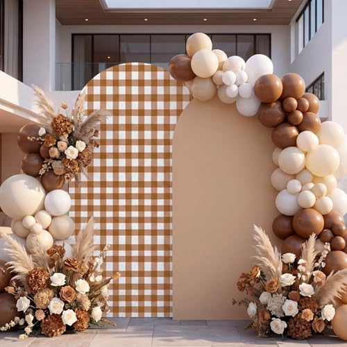 Tegeme 2 Set Gingham Arch Backdrop Cover 7.2ft 6.6ft Arch Cover, Khaki - Image 4