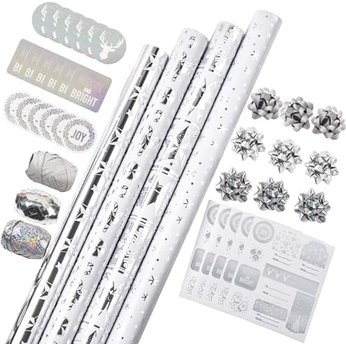 WRAPAHOLIC Silver Christmas Wrapping Paper Set - Silver Snowflakes and Candy Cane Holiday Collection with Metallic Foil Shine Wrapping Paper Bundle with Gift Bow & Ribbon & Tag & Sticker by WRAPAHOLIC