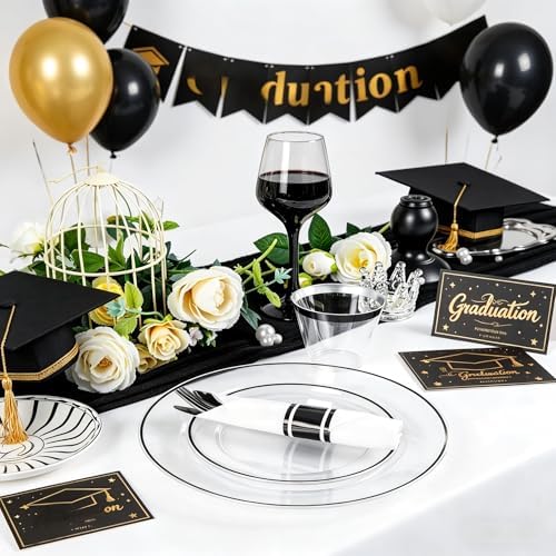 SUT 175 Pcs Black and Clear Plastic Dinnerware Set for 25 Guests, Include: 25 Dinner Plates, 25 Dessert Plates, 25 Pre Rolled Napkins With Silverware, 25 Cups, Disposable Plates for Party - Image 7