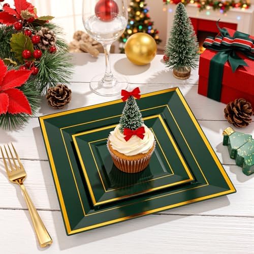 Liacere 100PCS Green and Gold Square Plastic Plates-50PCS Heavy Duty 9.5inch Disposable Dinner Plates and 50PCS 6inch Green Dessert Plate - Gold Plastic Plate for Party&Wedding - Image 3