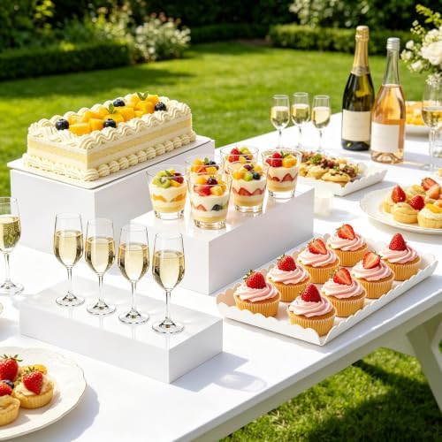 Buffet Risers, 4PCS Glossy White Acrylic Food Risers for Party Table, Rectangle Display Riser Stand with Hollow Box for Dessert Catering Drink Supply, Scalloped Acrylic Serving Tray for Cupcake - Image 4