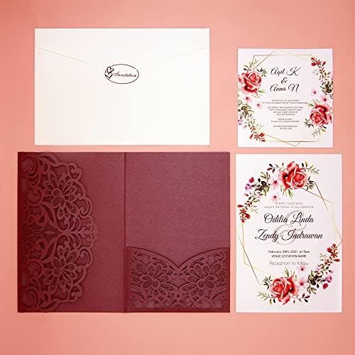 FOMTOR Laser Cut Wedding Invitation Cards Set w/Envelopes & Inserts & Seals – for Wedding, Bridal Shower, Graduation, Birthday Party, Engagement, Anniversary Red 50Pcs - Image 4