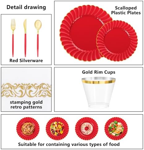 Ciaell 175 Piece Red and Gold Plastic Plates for Weddings Parties - Image 6
