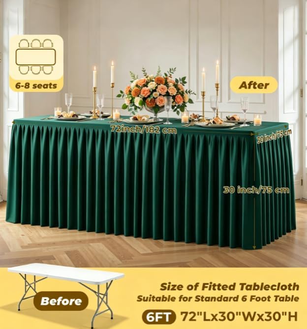 Green Polyester Table Cloths for Rectangle 6 Foot Tables, 6 Pack Wrinkle Free Tablecloths Stretchy Banquet Ruffle Fitted Table Cover Desk Skirt for Parties Wedding Birthday Baby Shower - Image 5