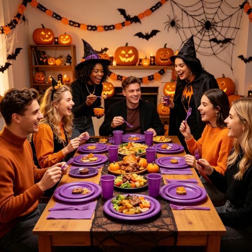 250Pcs Purple Plastic Party Plates and Napkins Set for Birthday, Halloween - Image 6