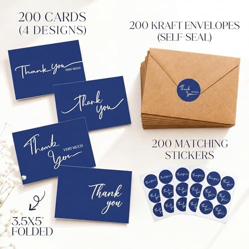 Gueevin 200 Pcs Navy Blue Thank You Cards with Envelopes and Stickers Bulk - Image 2