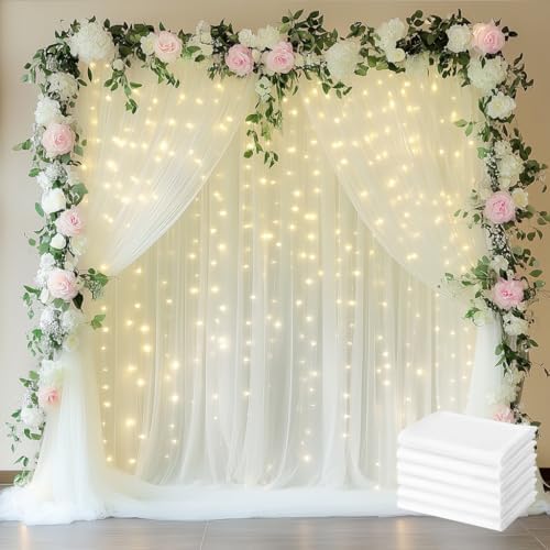 Tulle Backdrop Curtains with Lights Sheer Ivory Curtain Backdrop 30x10ft by Fomcet