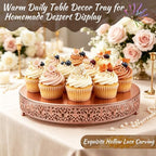 12 Inch Rose Gold Cake Stand, Round Metal Dessert Display with Ornate Filigree Lace, Dual‑Coated Premium Finish for Wedding, Anniversary & Elegant Home Decor - Image 3