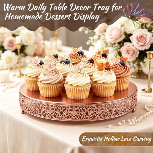 12 Inch Rose Gold Cake Stand, Round Metal Dessert Display with Ornate Filigree Lace, Dual‑Coated Premium Finish for Wedding, Anniversary & Elegant Home Decor - Image 3