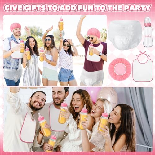 6 Sets Bottle Chug Baby Shower Games Juegos Para Plastic Baby Bottles Bibs Hat Disposable Diapers Gender Reveal Games Baby Changing Diaper Race Game Decoration (Pink) - Image 7