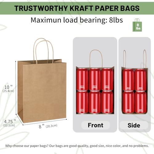 Mlyta 200 Pack 8x4.75x10 Inch Plain Medium Brown Kraft Paper Gift Bags with Handles Bulk for Goodie, Party Favor Brithday Grocery Shopping, Business Wedding Retail Craft Treat To Go, Merchandise Sacks - Image 3