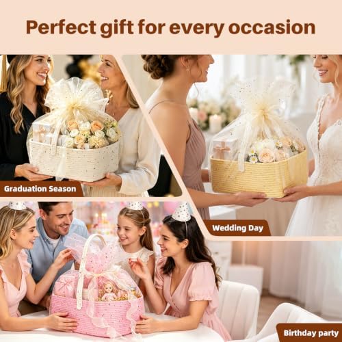 Large Woven Basket for Gifts Empty, Storage Basket 15" x 11" x 6.5" with Glitter Tulle, Ribbon and Card Paper, One-Handle Design, DIY Time for Holiday Gifts, Baby & Pet Toys, Graduation - Blue - Image 6