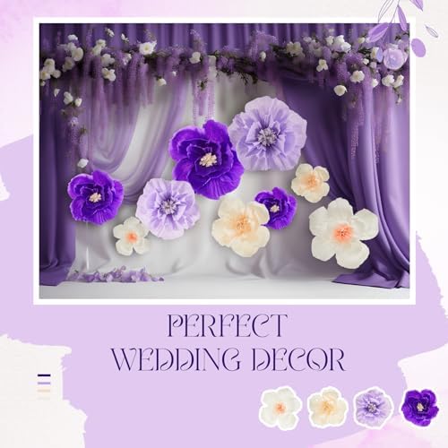 Cholemy 24 Pcs Tissue Paper Flowers, Crepe Paper Flowers Decorations 8" 10" 12" for Wedding Party Baby Bridal Shower Carnival Party Birthday Nursery Wall Decor (Purple,Light Purple,White,Beige) - Image 5