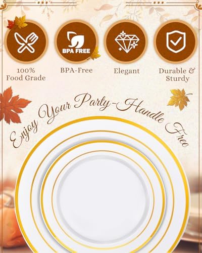 bUCLA 300PCS Gold Plastic Plates - White Gold Dinnerware set Disposable - Include 50 Each (Dinner&Dessert) Plates,50 Knives,50 Forks,50 Spoons,50 Cups for Party, Thanksgiving, Fall Harvest & Autumn - Image 3