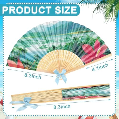 Roowest 36 Pcs Summer Tropical Folding Hand Fan Bulk Ocean Beach Lagoon Party Paper Fan with Blue Bow Palm Tree Landscape Handheld Fans for Luau Birthday Bridal Wedding Tea Party Hawaiian Decor - Image 2