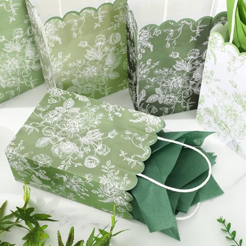 JarThenaAMCS 60Pcs Sage Green Wildflower Paper Gift Bag with Tissue Paper Chinoiserie Floral Treat Bags with Handles Candy Goodie Bags for Baby Shower Birthday Wedding Christmas Party Favors - Image 5