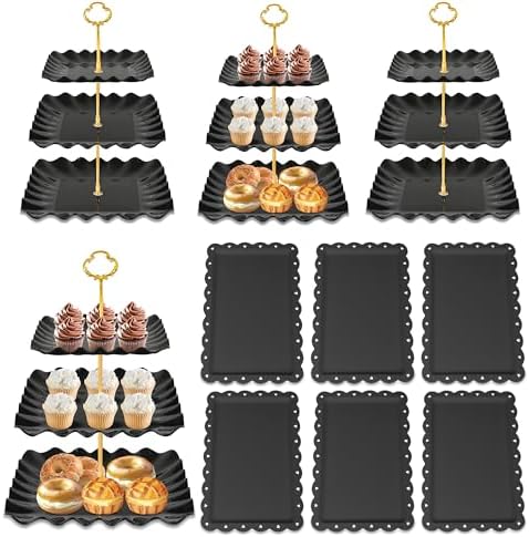 10 Pack Dessert Table Display Set - 4 x Three-Tier Square Cupcake Stands and 6 x Serving Trays, Elegant Tableware for Cakes, Cupcakes, Pastries, and Snacks, Perfect for Parties (Black) by DIDROOM