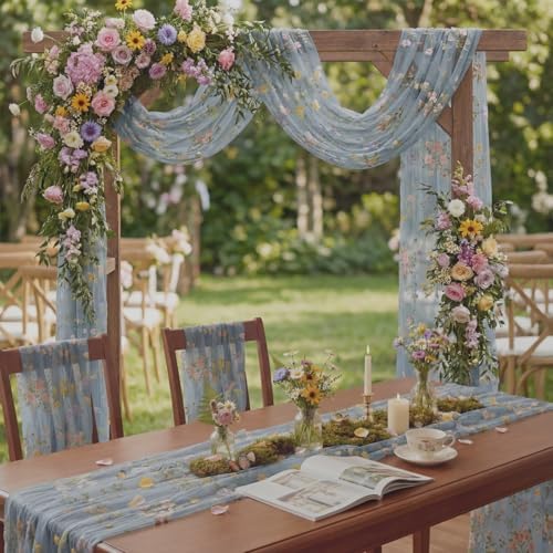 Blue Floral Table Runner 10ft Embroidery Tulle Spring Wildflower Table Runner Seasonal Summer Butterfly Kitchen Dining Gauze Decoration for Wedding Baby Bridal Shower Birthday Party (3 Pcs) - Image 3