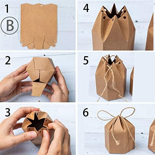 50Pack Mini Paper Gift Boxes Lantern Hexagon Kraft Paper Package Box with Twine Candy Chocolate Gift Packing Wrap for Wedding Party Christmas Brown (Pack of 2) - Image 4
