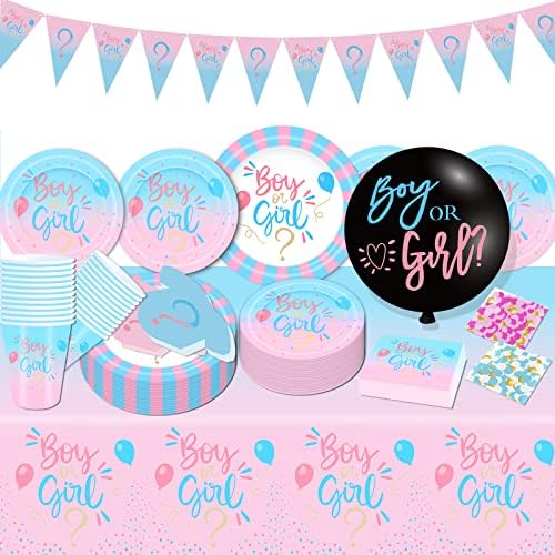 Gender Reveal Decorations, Baby Shower Party Supplies 124 Pieces Paper Plates, Cups, Napkins, Tablecloths, Black Balloon, Banner, Tableware Set Disposable Dinneware - Image 3