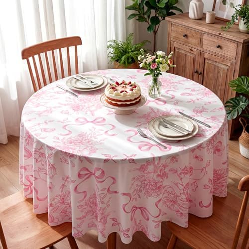 Ganeen 12 Pcs Pink Floral Bow Plastic Tablecloth 84 in Flower Round Vintage Tablecloth Disposable Round Waterproof Table Cover for Birthday Wedding Bridal Shower Baby Shower Tea Party Decoration Party - Image 2
